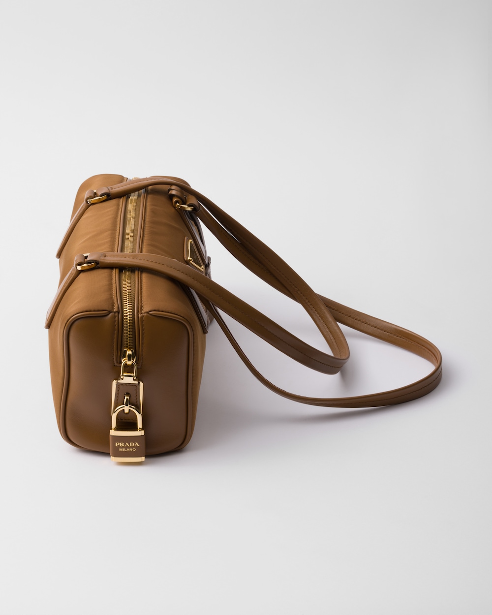 Re-Nylon and Leather Medium Top-Handle Bag With Padlock - Image 5